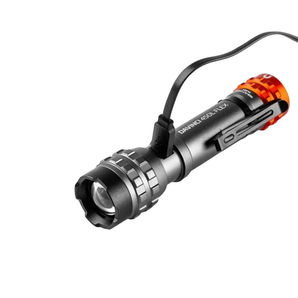 Nebo Davinci Flex 450 Lumens rechargeable LED hand torch showing the USB cable attachment and the pocket/belt clip