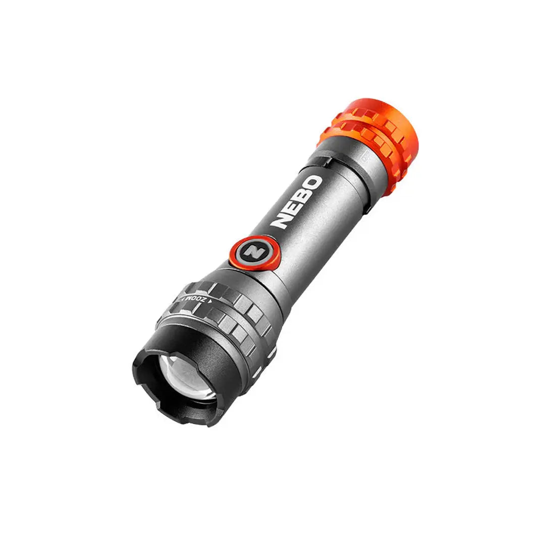 Nebo Davinci Flex 450 Lumens rechargeable LED hand torch showing the anodised aluminium body and rubberised on/off switch