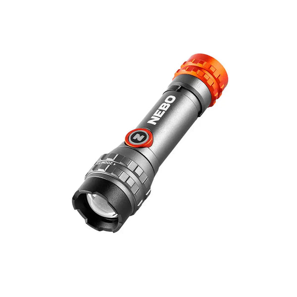 Nebo Davinci Flex 450 Lumens rechargeable LED hand torch showing the anodised aluminium body and rubberised on/off switch