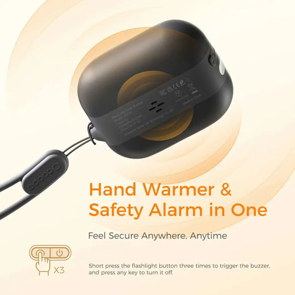 Infographic showing the hand warmer and safety alarm details of the Ocoopa Heat Cube rechargeable hand warmer 