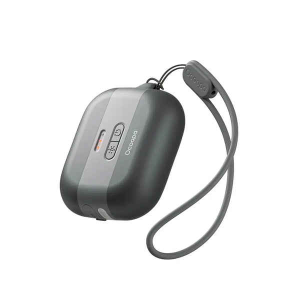 Front details of an Ocoopa heat cube rechargeable hand warmer in black showing the silicon lanyard, light and heating buttons.