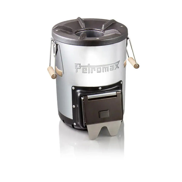 Front detail of Petromax Rocket stove RF33 showing the cast iron pot support and carry handles