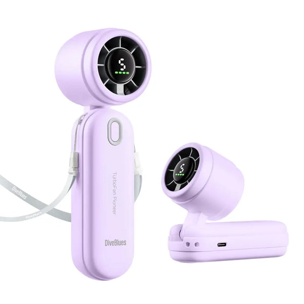 Diveblues Portable rechargeable iTurbo handheld fan in purple colour showing the lanyard and handsfree set-up
