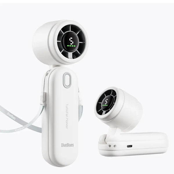Diveblues Portable rechargeable iTurbo handheld fan in white colour showing the lanyard and handsfree set-up