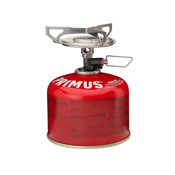 Primus Essential Trail Kit Stove attached to a 230g Power gas canister