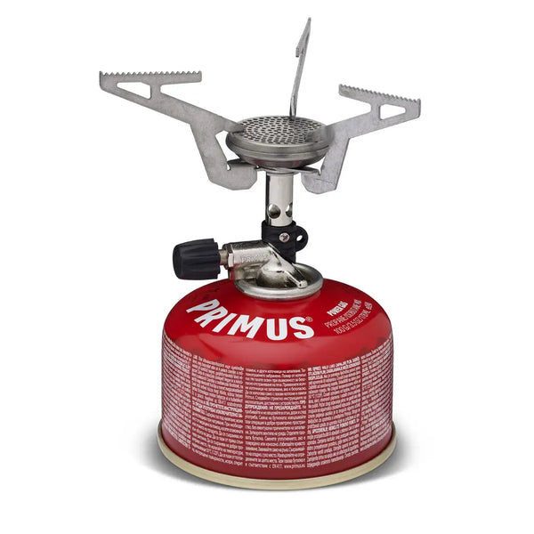 Primus Express camping gas stove on top of a gas canister