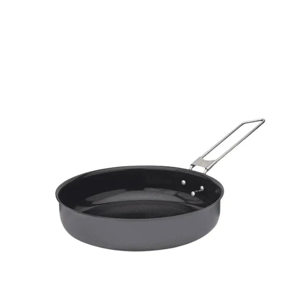 Small Primus Litech frying pan with the handle extended on a white background