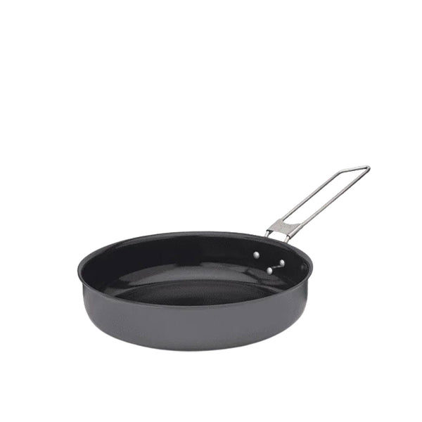 Primus Litech 25 diameter frying pan showing the internal ceramic coating and handle extended