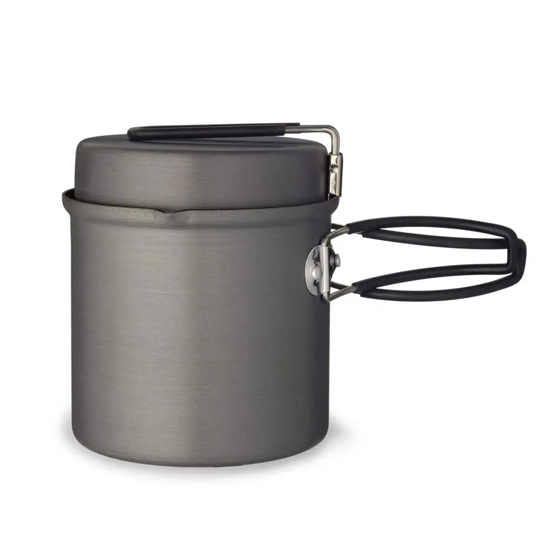 Primus Litech trek kettle with the main hadles open on a white background
