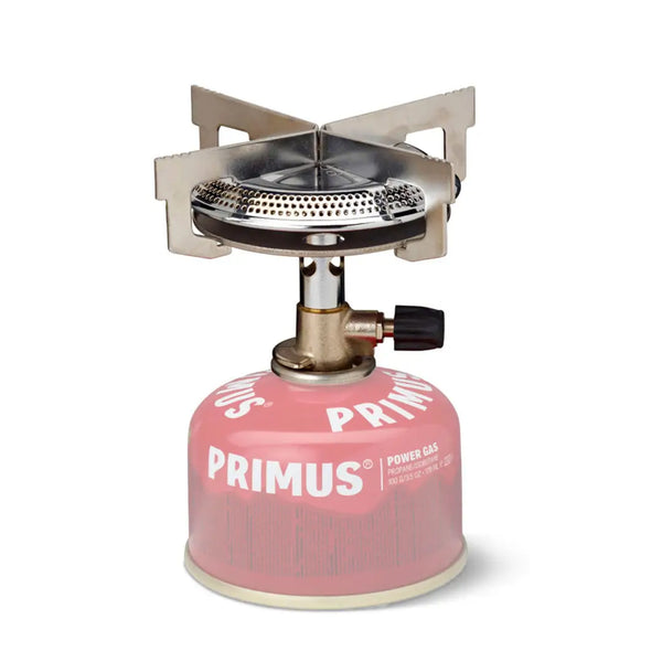 Primus Mimer Camping Gas Stove attached to a Primus power gas canister on a white background
