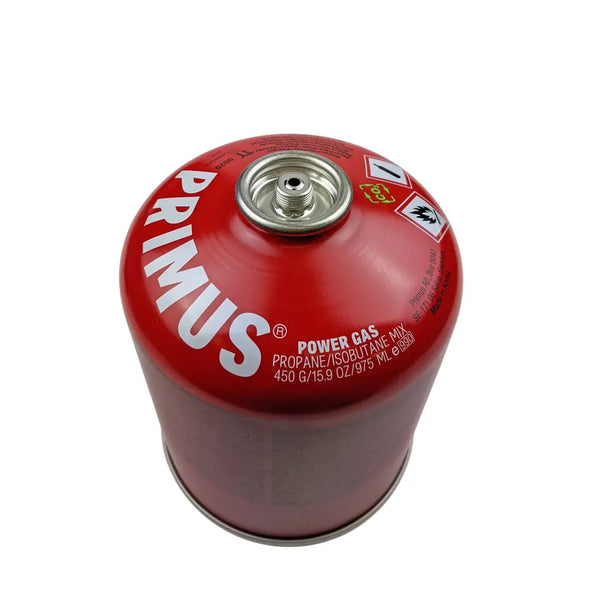 Primus Power gas cannister in 450g showing the screw top lindal valve