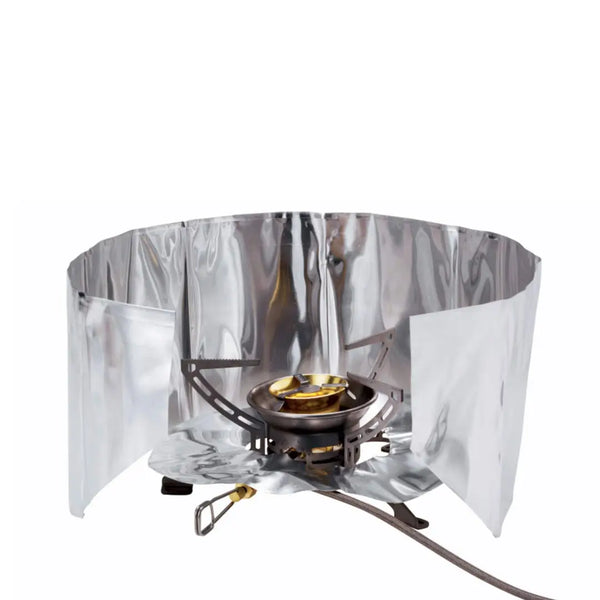 Primus windscreen and heat reflector installed around a portable backpacking gas stove on a white background