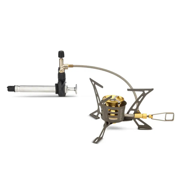 Primus OmniLite Ti Expedition Multifuel Stove with the Ergo pump on a white background