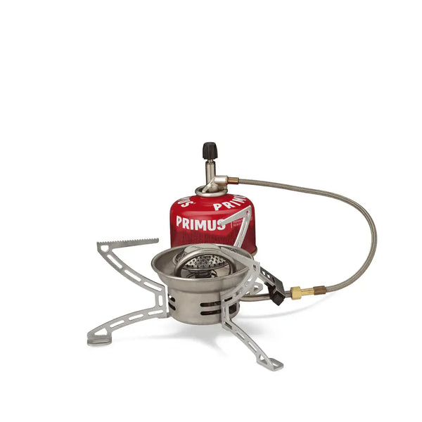 Primus Easy Fuel Camping Gas Stove attached to a gas canister on a white background