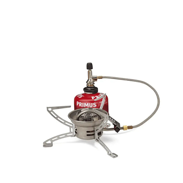 Primus Easy Fuel Duo Valve Camping Gas Stove attached to a power gas canister on a white background