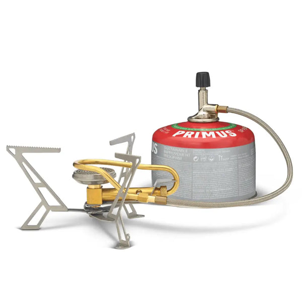 Primus Express Spider Camping Gas Stove attached to a Primus fuel canister on a white background