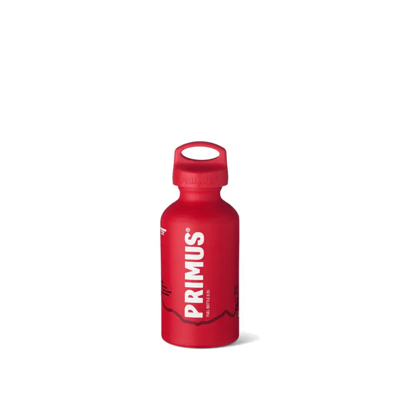 Primus Fuel Bottle 350ml in red colour and child safety cap on a white background