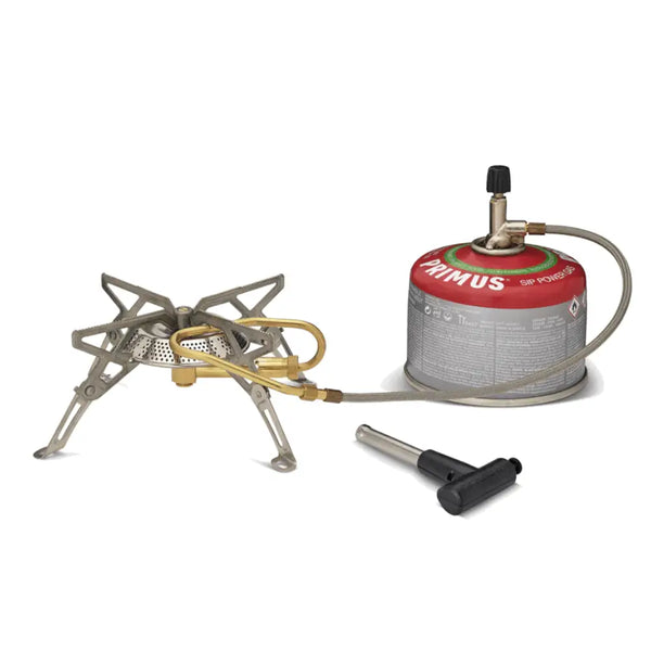 Primus Gravity Camping Gas Stove with Primus fuel canister and piezo ignitor on a white background