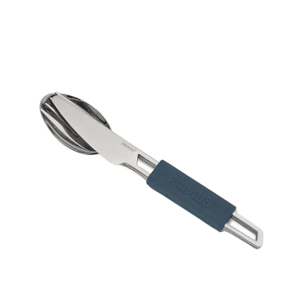 Primus stainless steel leisure cutlery set held together with a Navy silicon sleeve on a white background