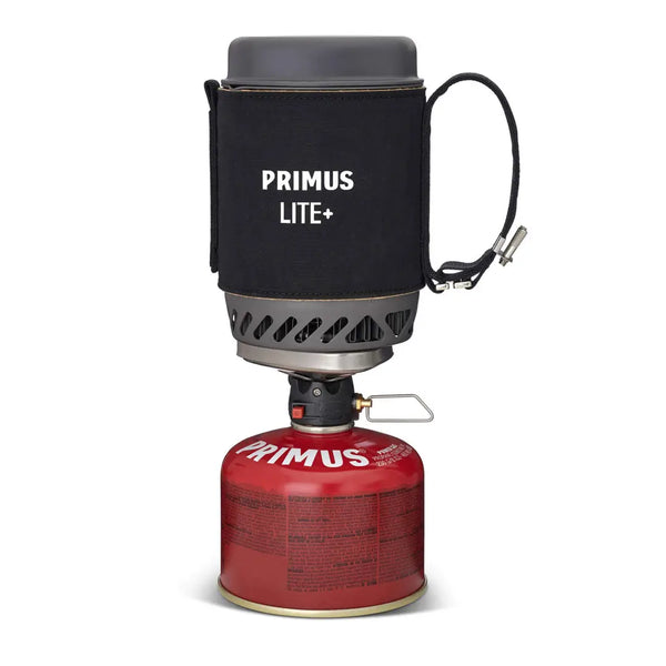 Primus Lite+ camping stove with black carrying case on a white background