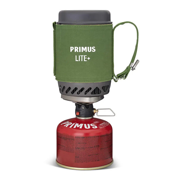Primus Lite+ camping stove with green carrying case on a white background