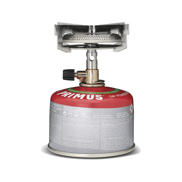 Primus Mimer Camping Gas Stove attached to a Primus SIP gas canister on a white background