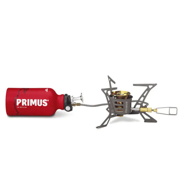 Primus OmniLite Ti Expedition Multifuel Stove joined to a 350ml fuel bottle via its Ergo pump on a white background