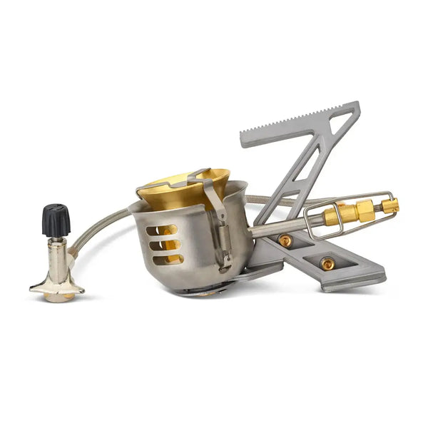 Primus Omnifuel Expedition Multifuel Stove with support legs collapsed for packing on a white background