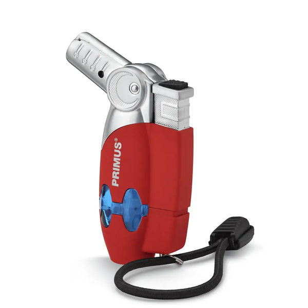 Red Primus Power lighter with a black cord on a white background