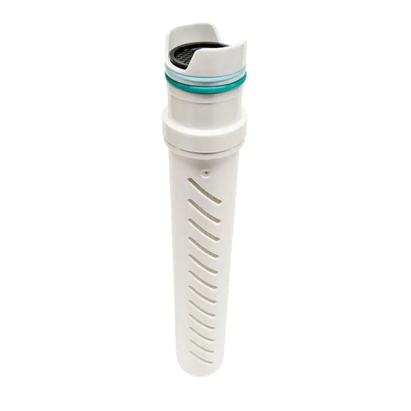 Lifestraw replacment Go Push fit two stage water filter showing the top carbon filter and adaptor fitting