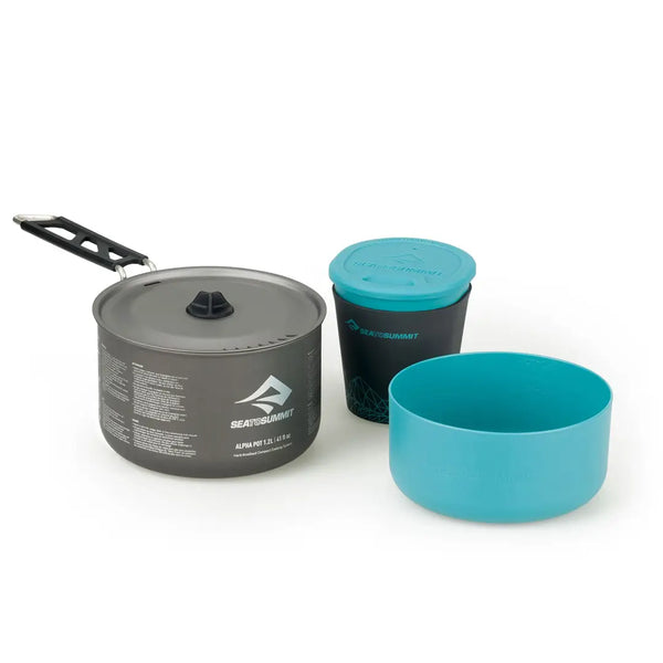 Unpacked Sea To Summit Alpha pot set 1.1 showing  the plastic bowl and mug and the alpha pot on a white background