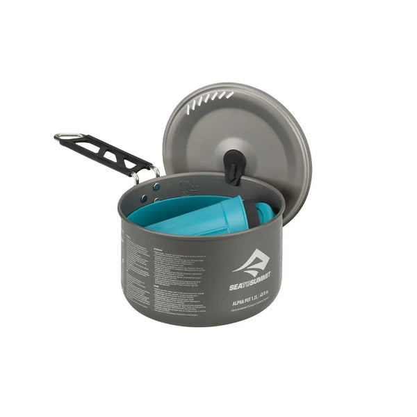 Sea To Summit Alpha pot set 1.1 showing  the plastic bowl and mug packed inside the alpha pot on a white background