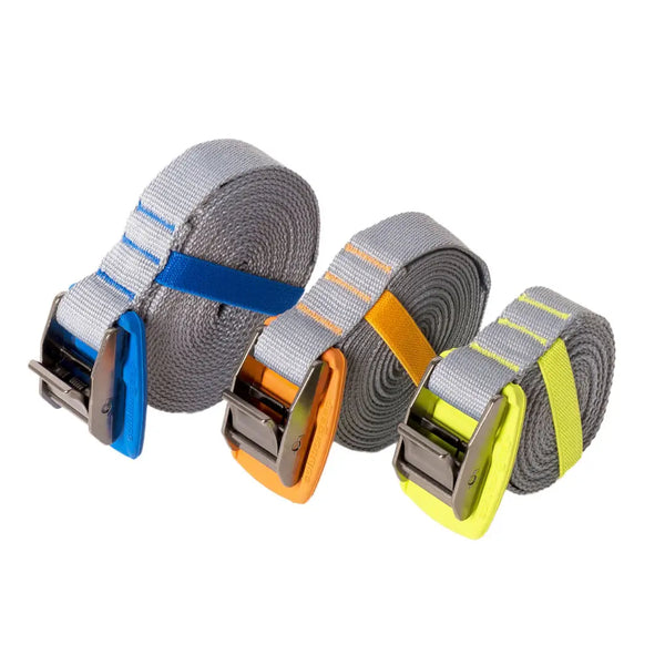 Sea To Summit Bomber Tie Down Straps in the three different sizes on a white background