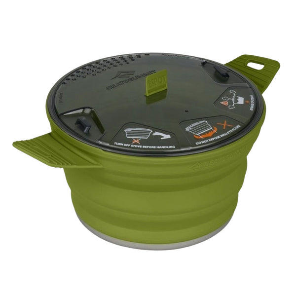 2800ml version of Sea To Summit collapsible X Pot in olive colour  expanded to its full size with its lid