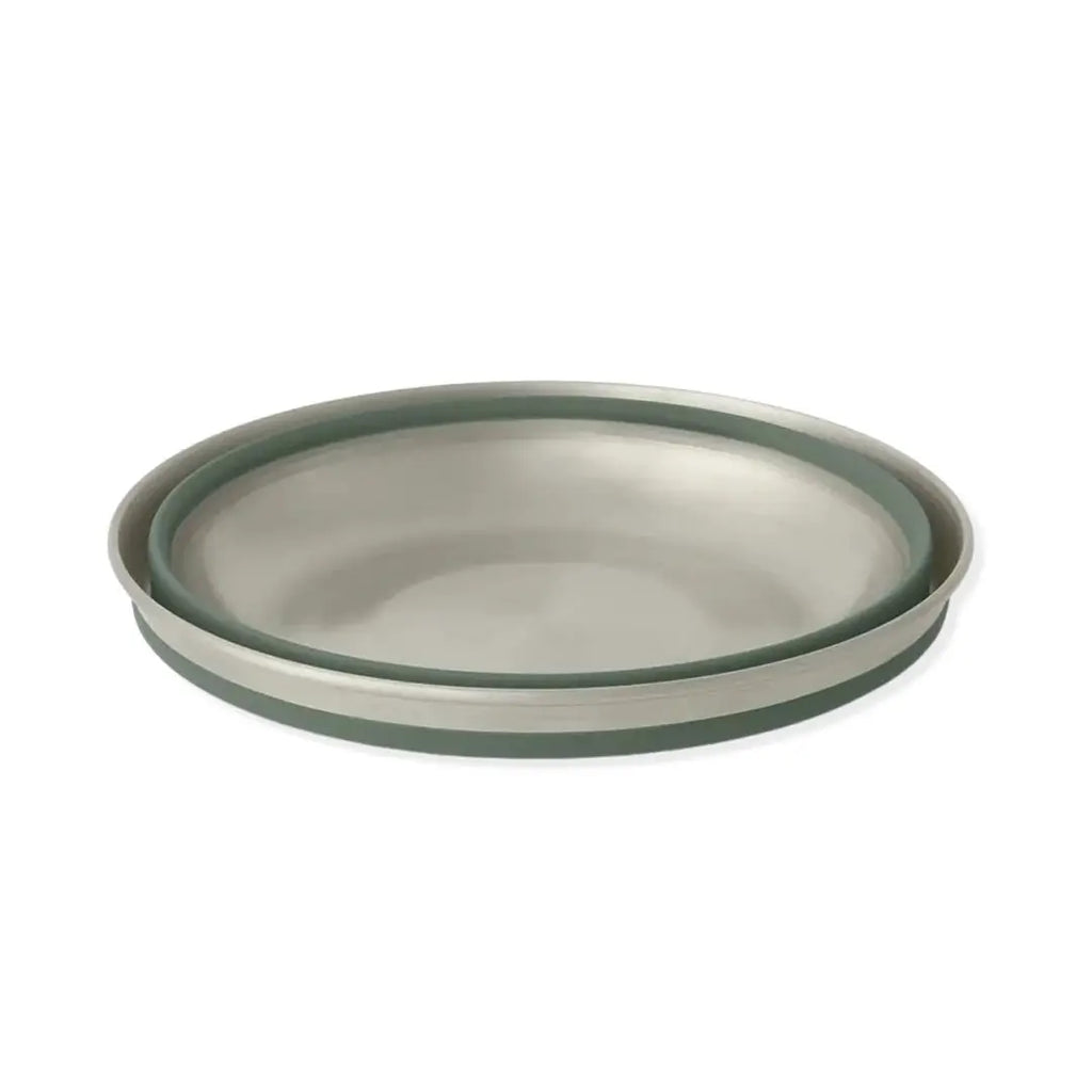 Fully collapsed Sea To Summit Detour Stainless Steel Collapsible Bowl in green colour