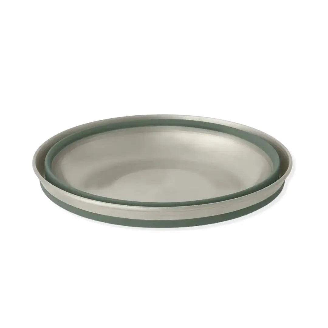 Fully collapsed Sea To Summit Detour Stainless Steel Collapsible Bowl in green colour