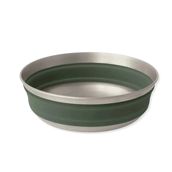 Fully extended Sea To Summit Detour Stainless Steel Collapsible Bowl in green colour