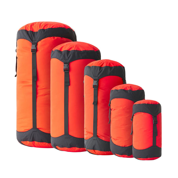 Sea To Summit lightweight compression sacks in  Spicy Orange colour showing the five sizes available