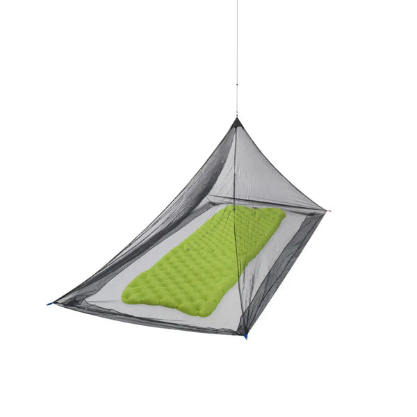 Sea To Summit Pyramid Single Mosquito Net set-up with a green sleepingmat inside on a white background