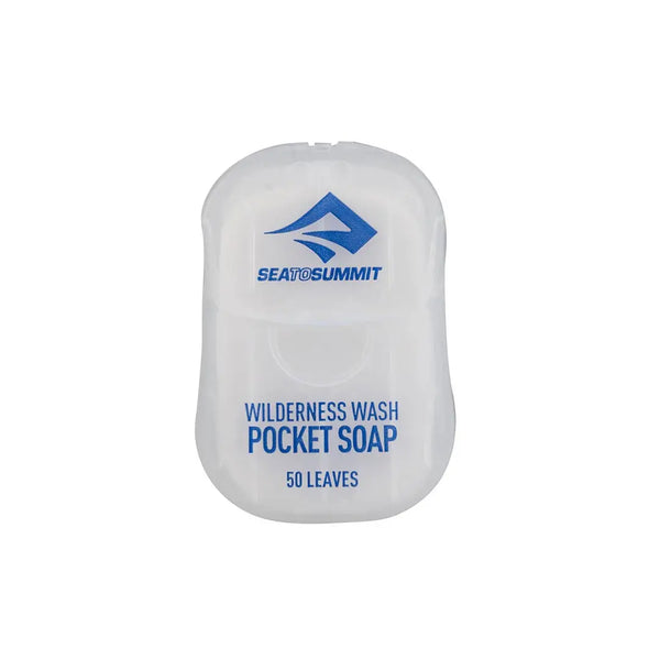 A watertight plastic clam case with the Sea To Summit logo and text 'Wilderness Wash Pocket Soap 50 Leaves' on the top.