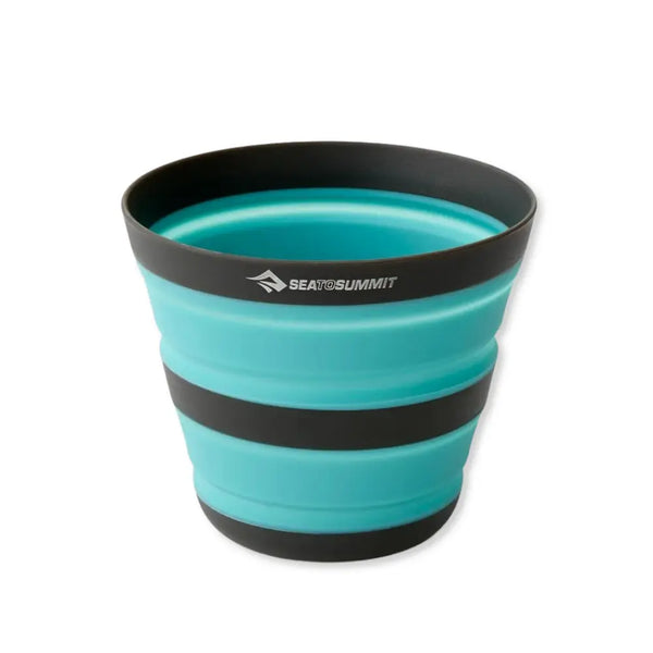 Collapsible Sea To Summit blue cup with black rim and Sea to Summit logo on a white background