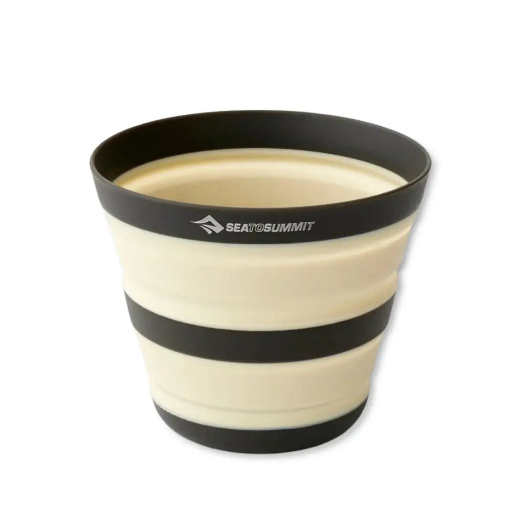 Collapsible Sea To Summit white cup with black rim and Sea to Summit logo on a white background