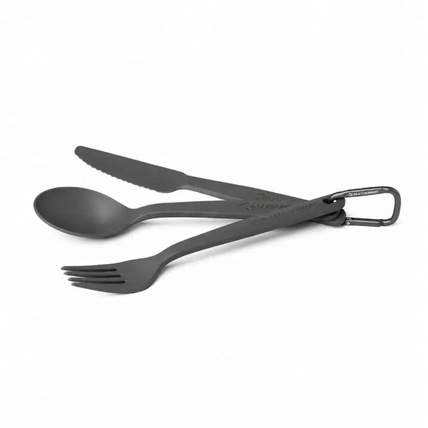 Sea To Summit Camp Cutlery Set in grey colour joined by a carabiner at the base and spread out on a white background