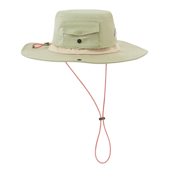 Side view of Sealskinz Bramerton waterproof Boonie hat in green colour showing the adjustable lanyard and the small security pocket