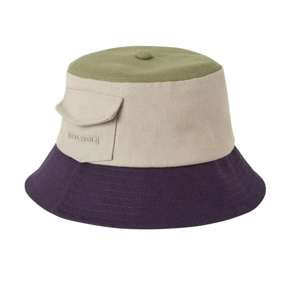 Side view of Sealskinz Lynford waterproof canvas bucket hat in green cream navy colour highlighting the storage pocket and wide brim
