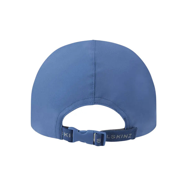 Rear View of Sealskinz Salle waterproof lightweight foldable peak Cap in blue colour highlighting the adjustable buckle