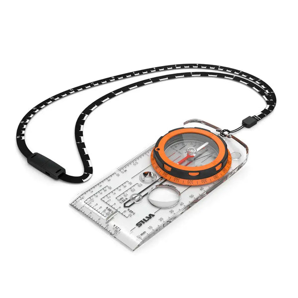 Silva Expedition Compass showin the acrylic scale body with the organge needle housing bezel and the scale lanyard