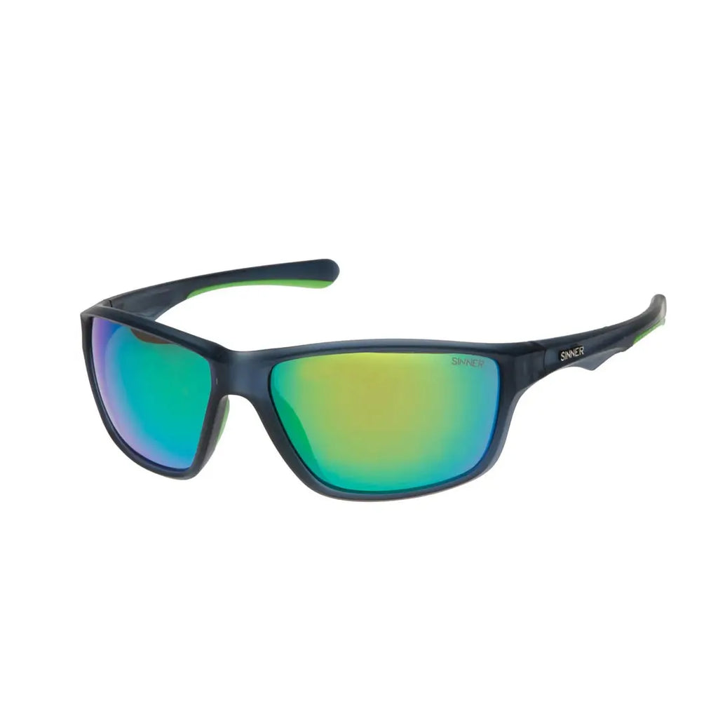 Side shot of Sinner Eyak polarised sunglasses in dark blue showing the green arm deatail