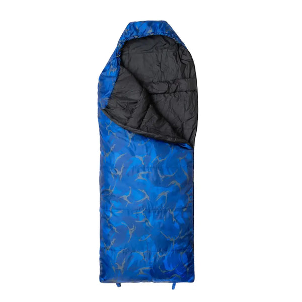 Snugpak Sleeper Kids sleping bag in blue unpacked with the front turned down