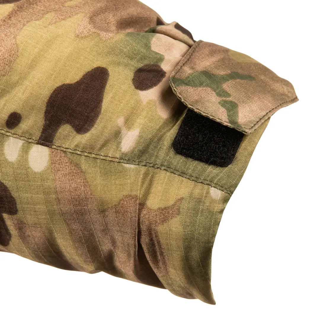 Cuff detail of Snugpak Arrowhead insulated windproof jacket in multicam on a white background